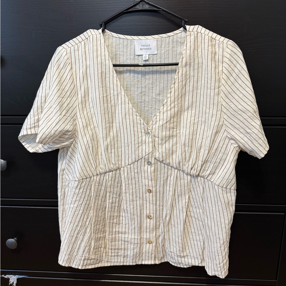 Things Between Cream Striped Button Front Blouse